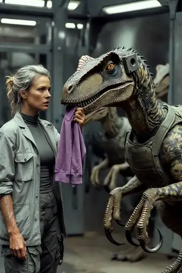 A corrugated-metal shed exploding inward as three raptors breach simultaneously through three different walls, debris and shredded metal flying outward, automatic-fire muzzle flashes from inside.