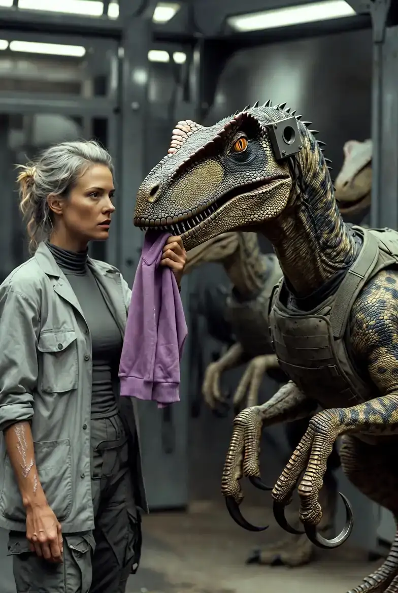 A small woman in a lab coat standing in the middle of a circular cage, holding a child's violet sweater out to a black-scaled raptor sniffing the cuff with the others ringed behind in attention.