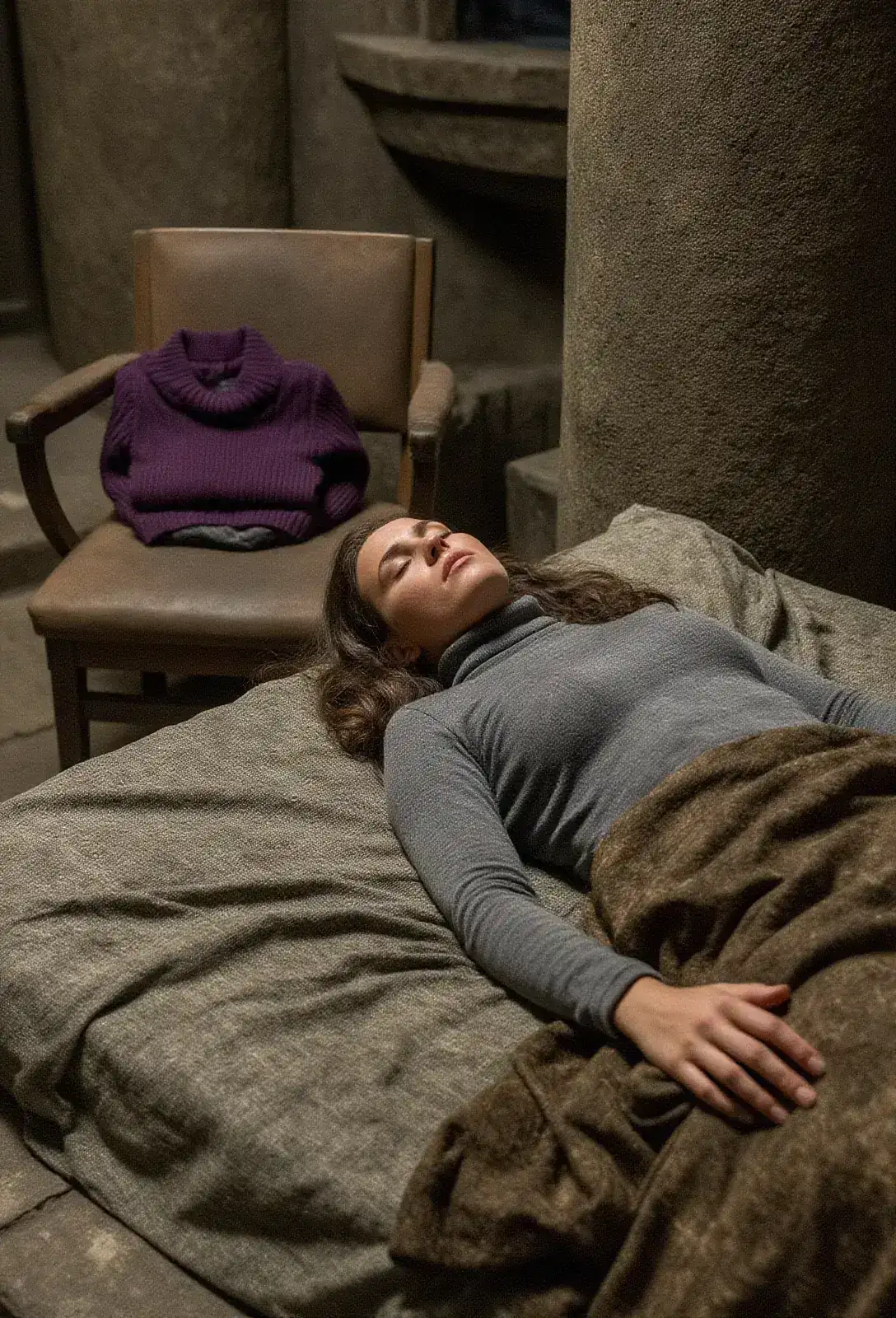 A small dim castle bedroom with a woman in a grey turtleneck lying on top of the covers with her eyes closed, a folded violet sweater on a chair beside her.