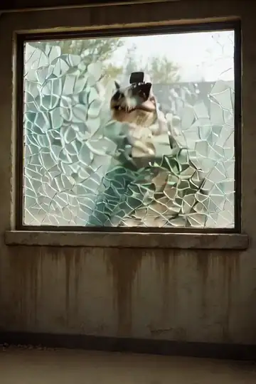 A second-floor warehouse window blowing inward in a spray of glass and frame as Spartacus crashes through it, black-scaled shoulder leading.