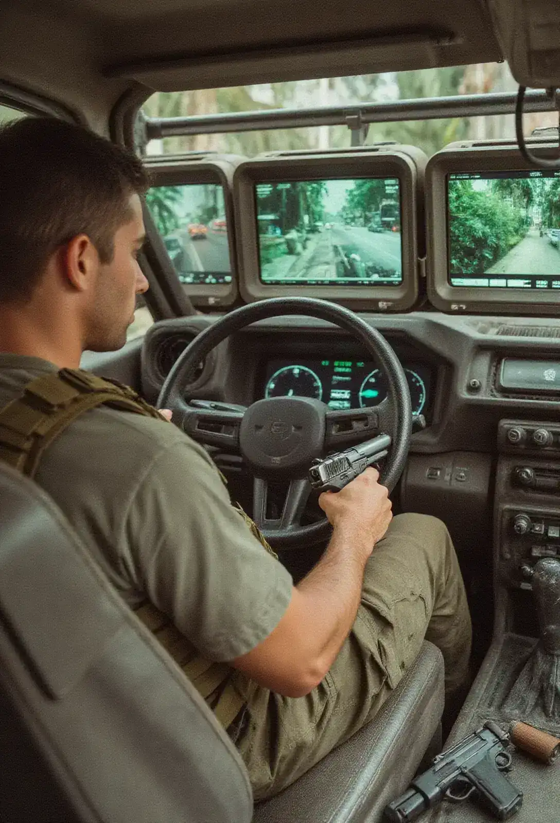 A high-tech surveillance SUV interior with three monitors showing dim green-tinted street feeds, a man in a tactical vest at the wheel, hands free over a small machine pistol on the seat.