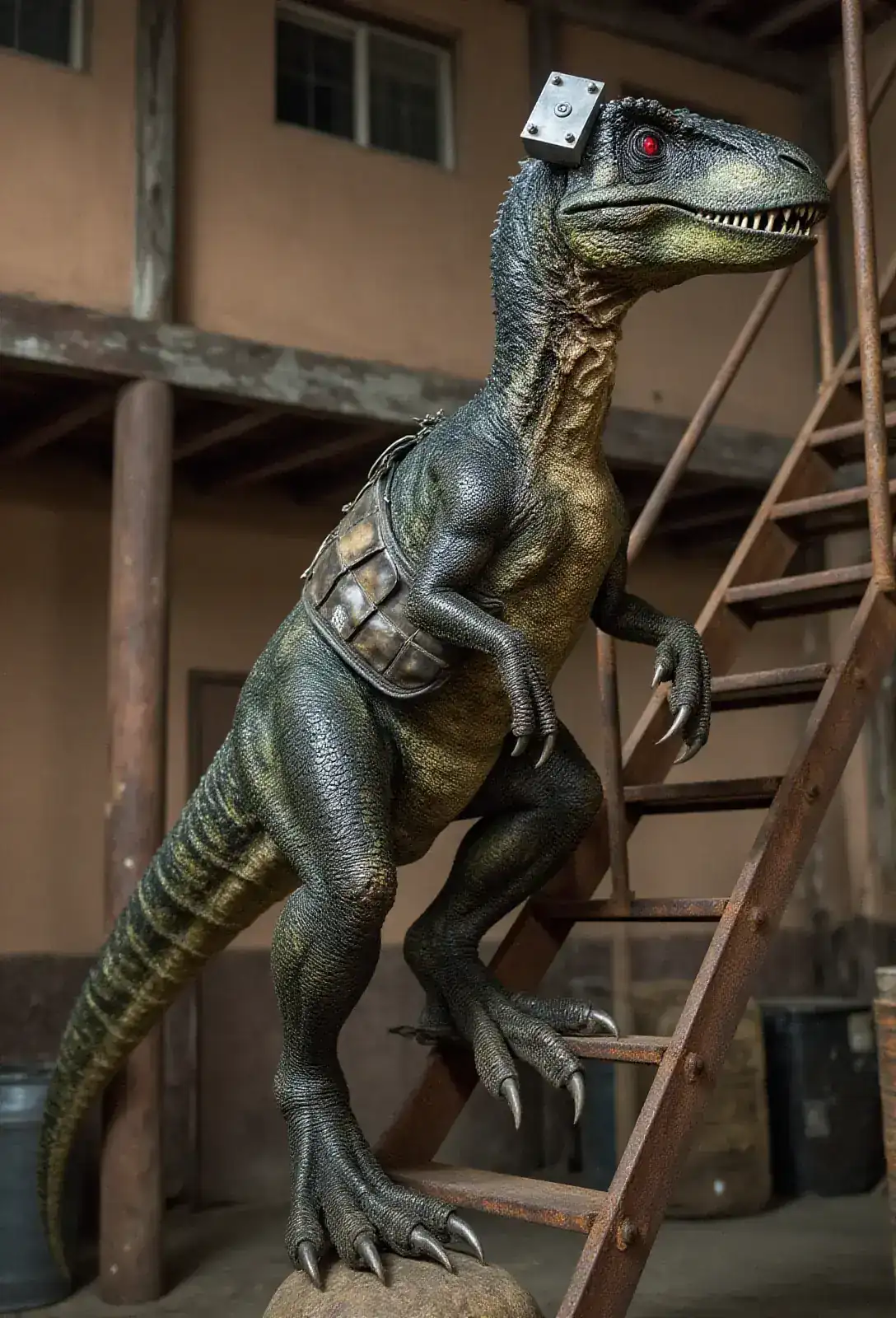 A two-story warehouse on a dim Moroccan side street at night, an eight-foot raptor halfway up a rusted fire escape ladder placing each clawed foot one rung at a time.