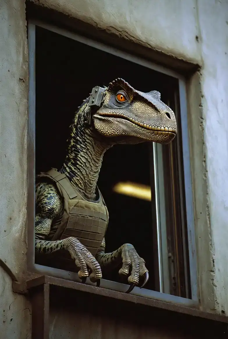 An eight-foot raptor leaning into a second-floor window of a Tangier warehouse, its head silhouetted against the dim interior light, the fire escape platform creaking beneath its weight.