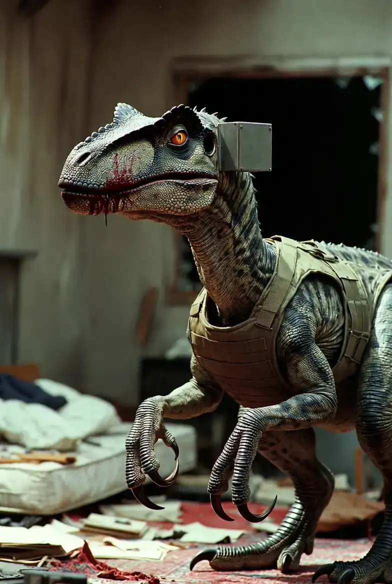 A second-floor warehouse office in chaos, mattresses overturned and bullet-riddled, a kidnapper sprawled on a torn rug, an eight-foot raptor framed in a broken window with blood matted on the side of its skull.