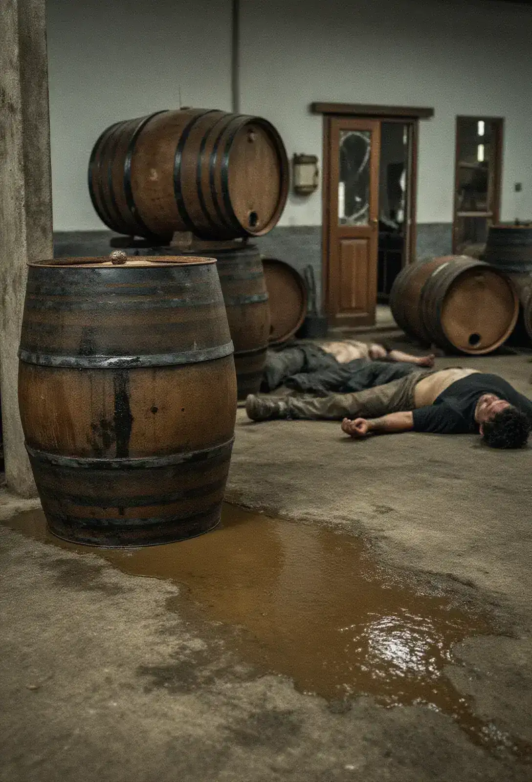 The interior of an olive oil warehouse with split barrels rolling, a wide slick spreading across the cement floor, dead bodies in rough scatter near a smashed front door.