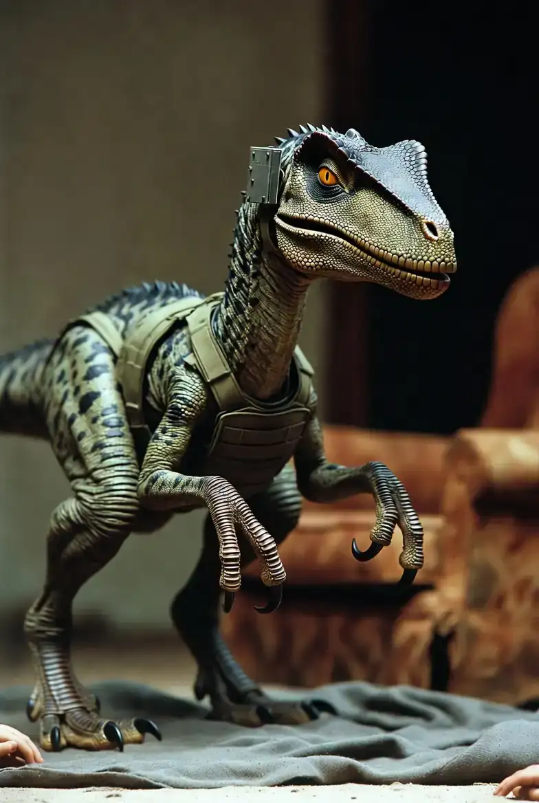 A torn upholstered easy chair tipped onto its side, a small girl's hand visible at the corner of a thin grey blanket on the floor, an injured raptor watching from two paces back.