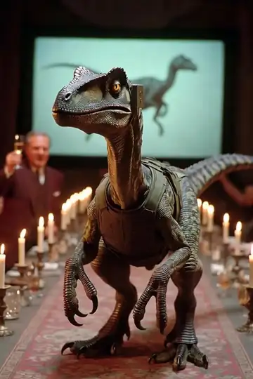 A frilled lizard Spitter hawking a black palm-sized mass of mucus onto a lab tech's plexiglas faceplate, frill ratcheted up around its neck.