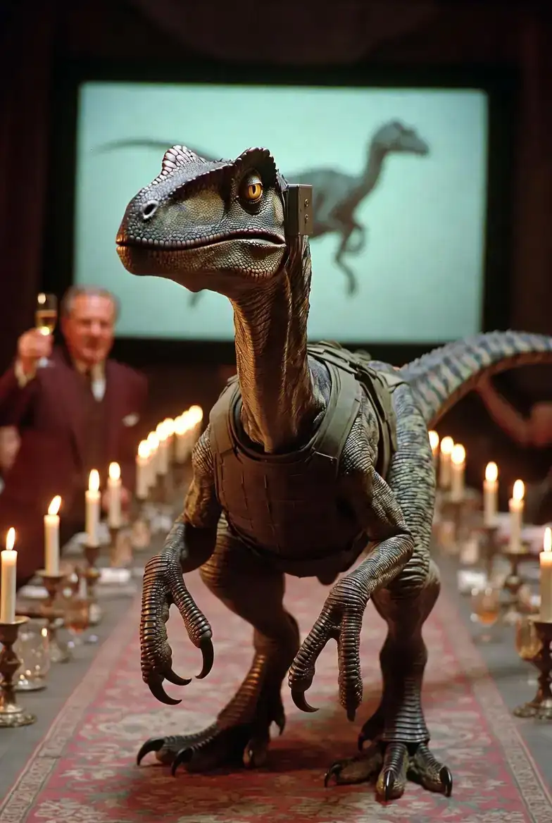 A long candlelit dining hall in a Swiss castle, a heavy-set old man in a burgundy suit raising a champagne flute, the great-hall screen behind him paused on a still of an eight-foot raptor mid-leap.