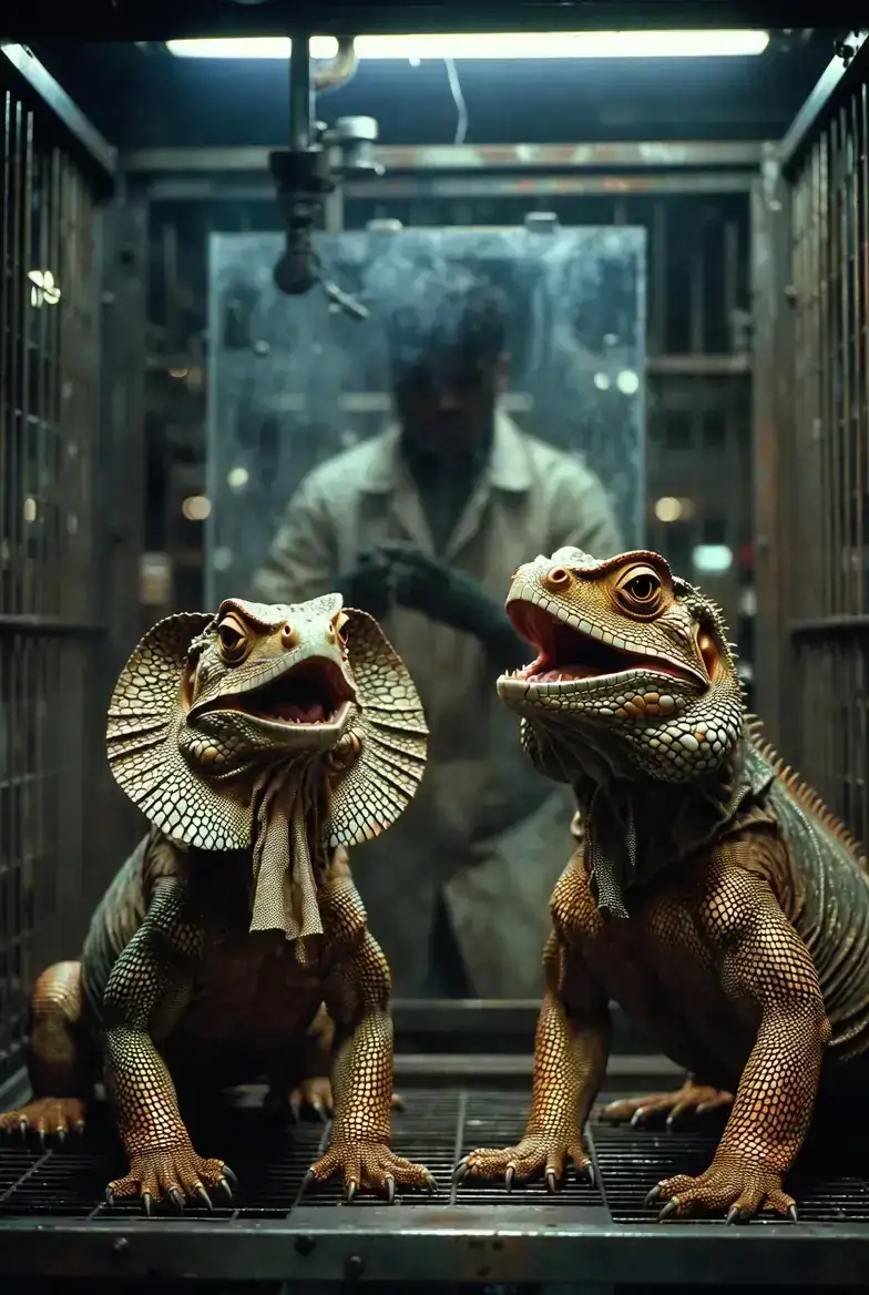 Two large dog-sized lizards with frilled neck-mantles standing in a steel-reinforced cage in the cavern lab, their throats working, a man in a lab coat with his face shielded behind plexiglas.