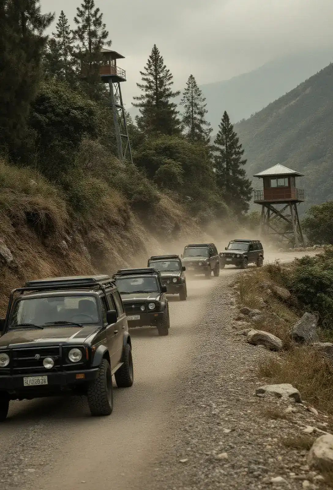 A line of black SUVs winding up an Alpine valley road into a Grendel training compound, dust in the morning sun, a pine ridge behind them holding a guard tower.