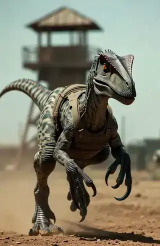 A bio-engineered raptor breaking from a strike formation and charging at full speed across an open compound at the base of a wooden mock guard tower, its head down and shoulders rolling.