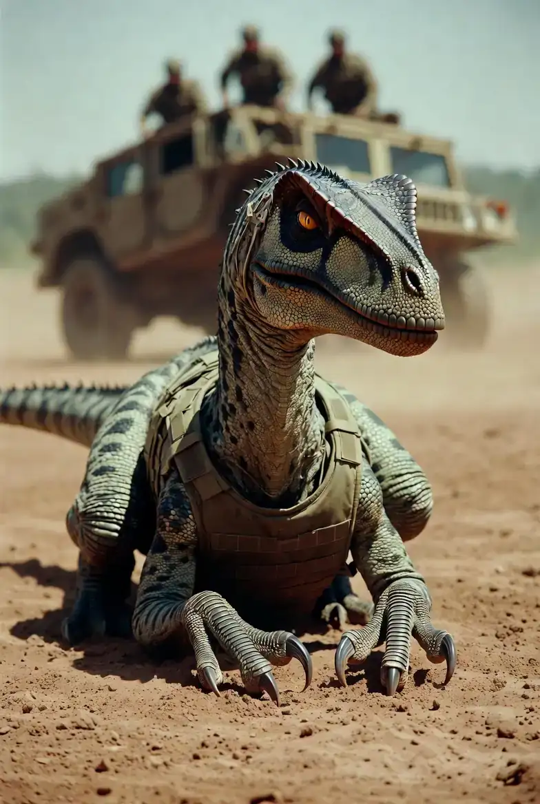 A bio-engineered raptor lying on its side in the dust of a training compound, breathing shallow, three figures approaching from a flipped Humvee in the background.