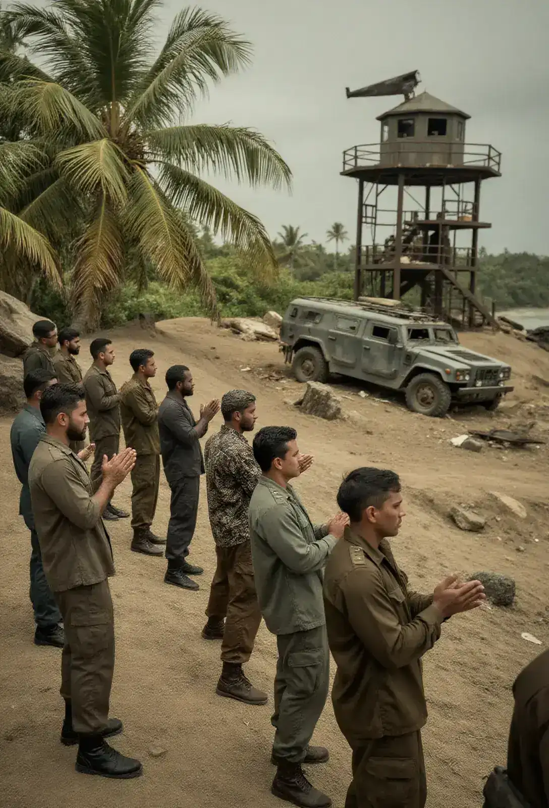 A line of well-dressed buyers and military advisors clapping on a dust-strewn observation slope, with a wrecked Humvee and a fallen guard tower in the middle distance.