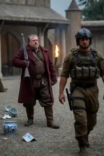 A crossbow bolt punching through a porcelain vase in Nick Harris's hand, shards exploding outward across his fingers in a slow burst.