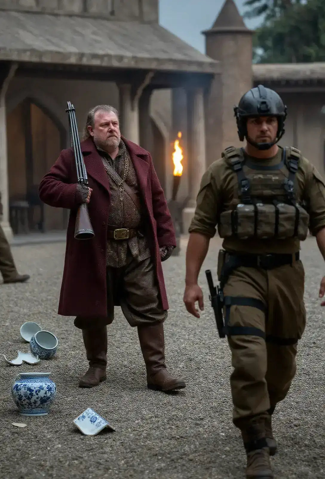 A torchlit medieval courtyard at dusk with a heavy-set old man in a burgundy coat shouldering a medieval crossbow, broken porcelain in the gravel, a man in tactical clothes walking forward into the line of fire.