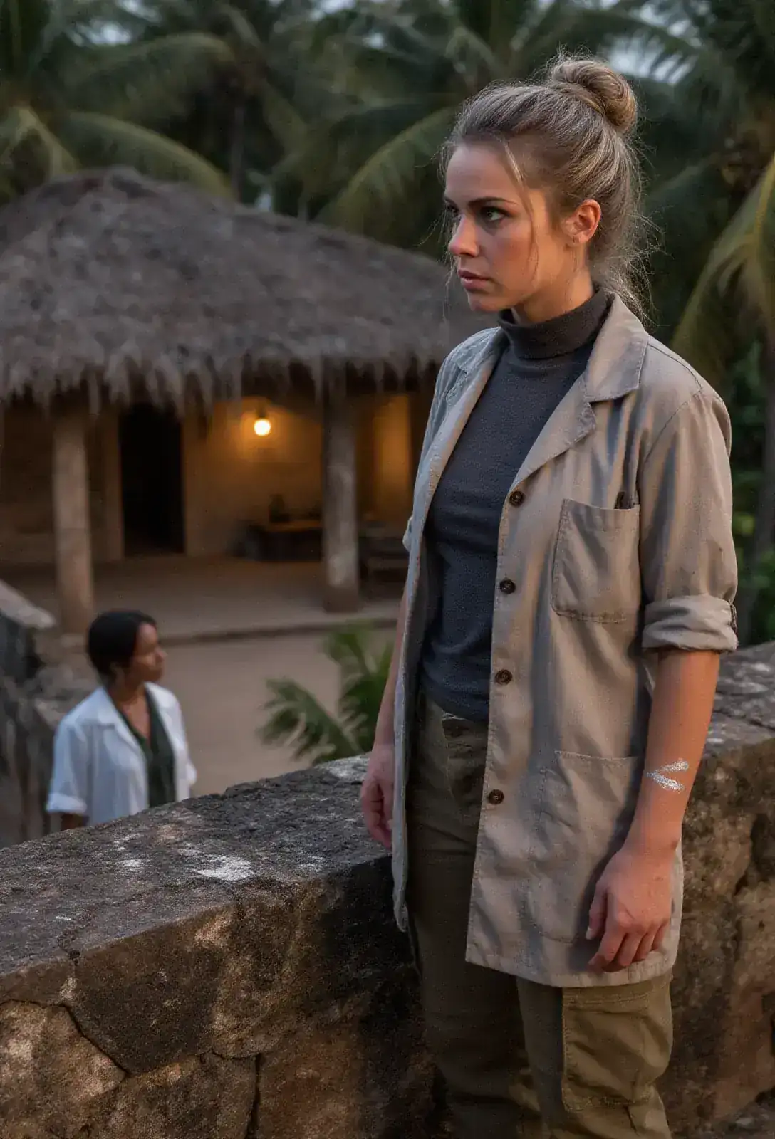 A high stone parapet at dusk seen from below, a small woman in a lab coat at the merlon looking down into a lit courtyard, her face shadowed and unreadable.