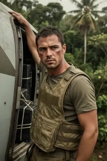 A frilled lizard Spitter swinging upside-down by its tail from a jungle branch, jaws opening inches from a sentry's startled face, cigarette mid-air.