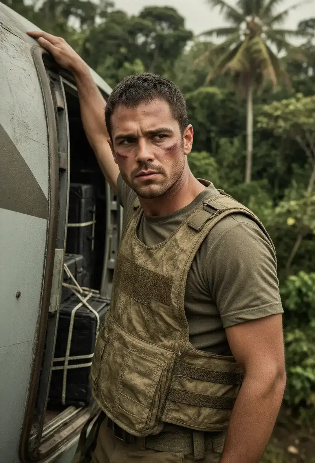 A military cargo aircraft over thick jungle at dawn, side door slid open, a man in tactical gear at the edge with one hand on the rim, dark crates lashed in the hold behind him.