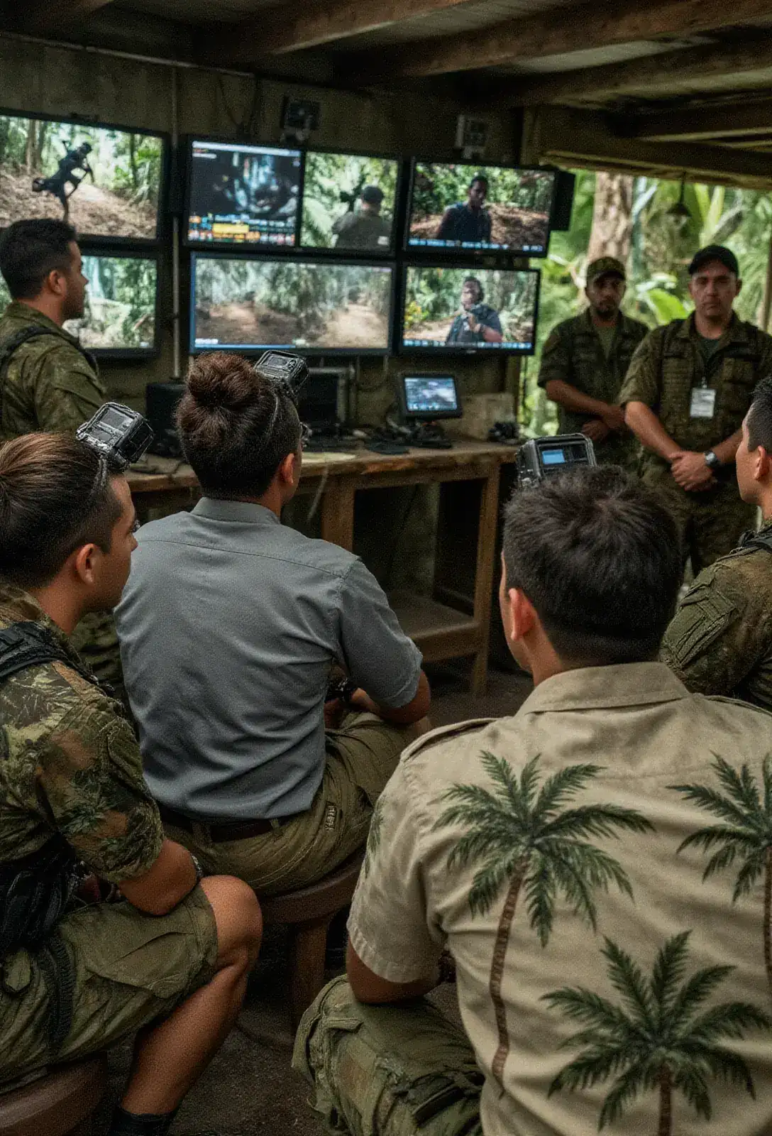 A jungle command shack interior with a wall of monitors fed by raptor shoulder cameras, a knot of narco-looking observers in tropical suits watching the feeds, mercenary advisors and military observers in the background.