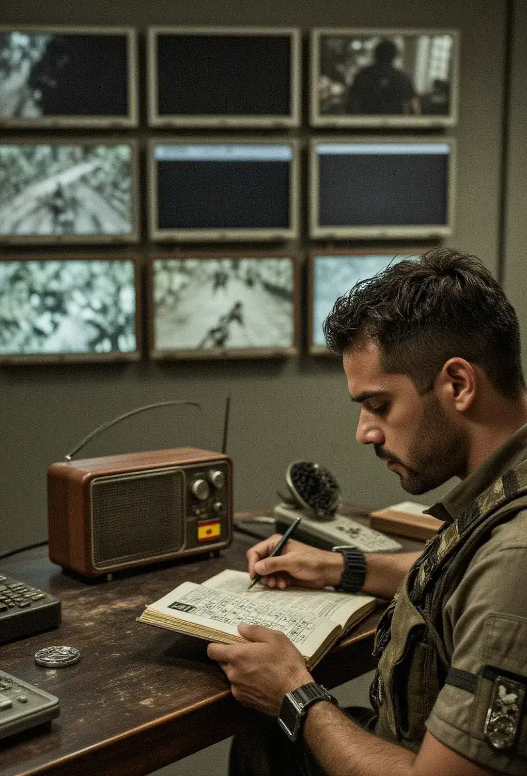 A cartel surveillance room with a wall of CCTV monitors going black one by one, a desk man frozen at his crossword book, a Spanish radio crackling on the desk.