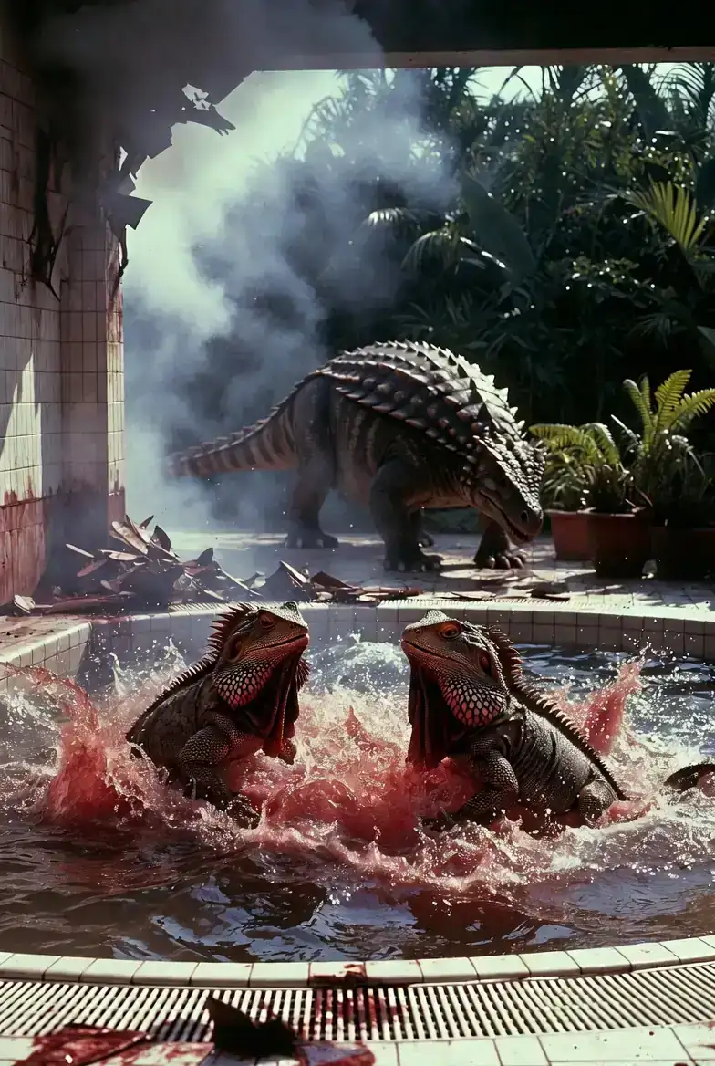 A jacuzzi room with shattered walls and smoke, two frilled lizards splashing in churning water that has gone red, a great armored ankylosaur grazing peacefully on potted ferns nearby.