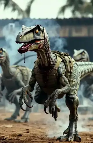 A scarred raptor regrouping with three other raptors in a smoking cartel courtyard, an injured Achilles bleeding heavily through his throat armor, the alpha approaching slowly with a clawed hand outstretched.