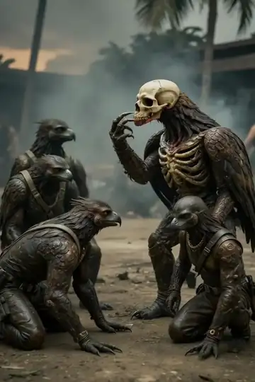 A narrow logging road at dusk with a stalled convoy, mercenaries piling out and running for their vehicles, the far end of the road thick with moving shapes low to the ground.