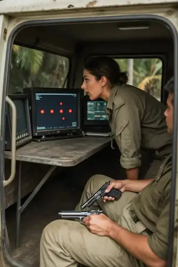 Motion blur of a wounded raptor rearing over a man with a halberd at his feet, jungle road scattered with wrecked vehicles, dusk light low through the canopy.
