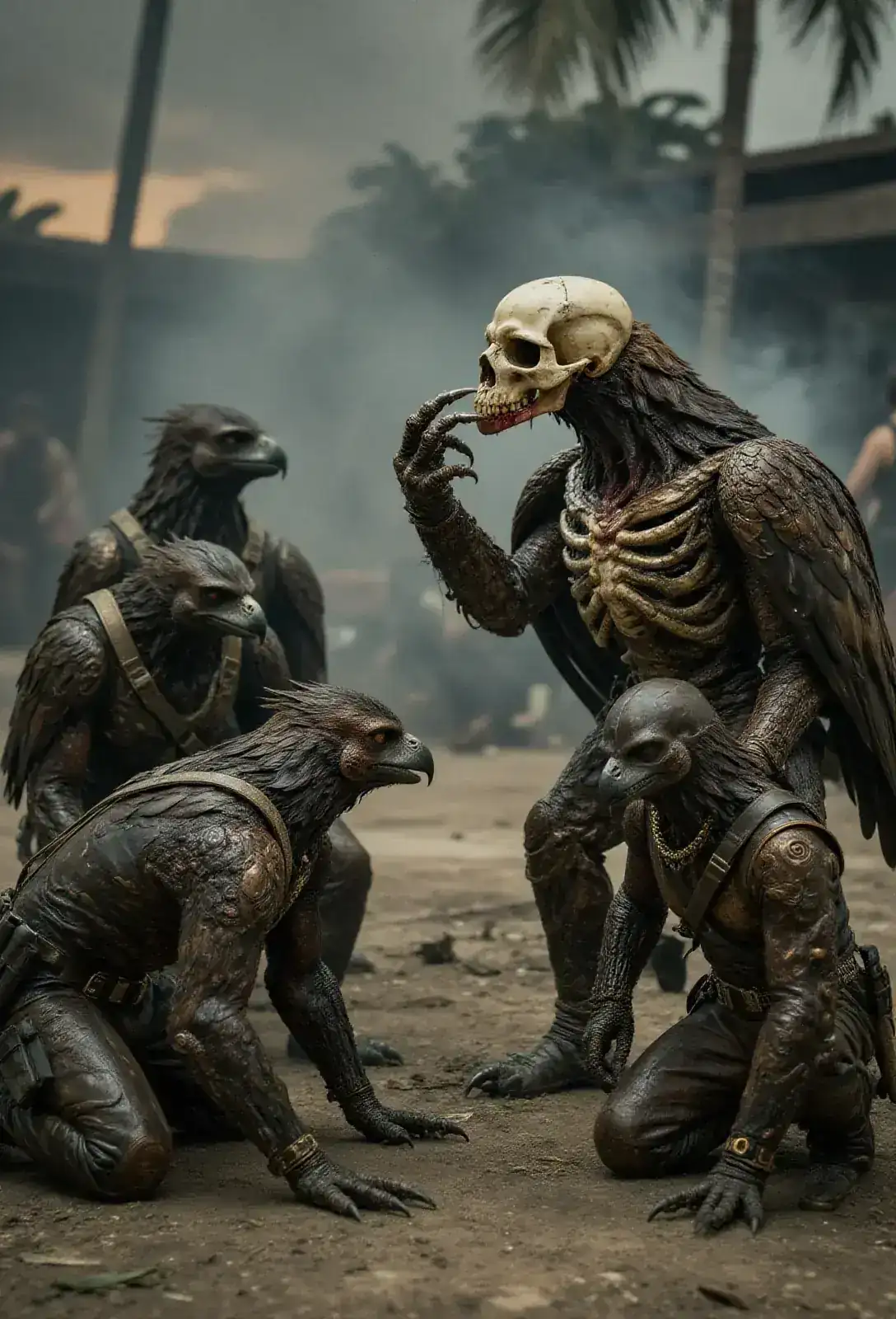 Five bio-engineered raptors regrouping in a smoking cartel courtyard at dusk, the alpha with a clawed hand raised to his own skull, blood on his jaw, one of his brothers kneeling low and wounded at his side.