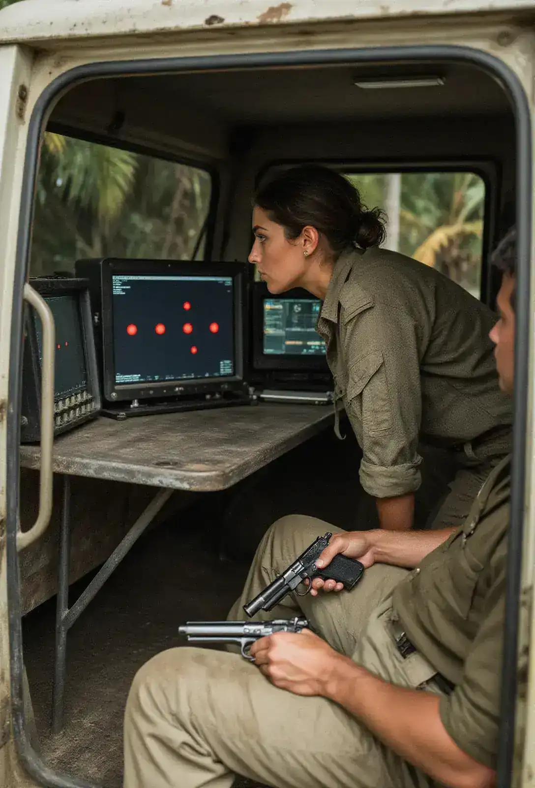 A dim panel truck interior, monitors on a folding table, a woman in a field shirt leaning toward a tracking screen where five red dots move in unison, a man across from her with a pistol held loose across his thigh.
