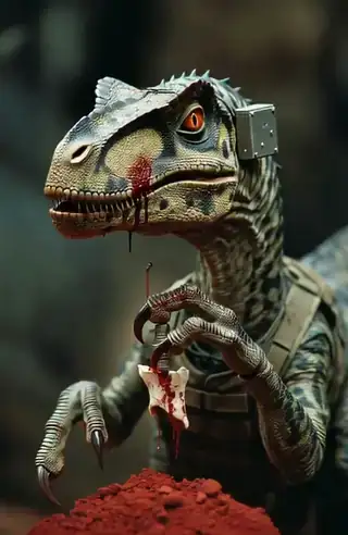 Close on a scarred raptor's hand curled around a small metal-and-wire implant, blood running down his temple, the implant torn from bone and held above red earth.