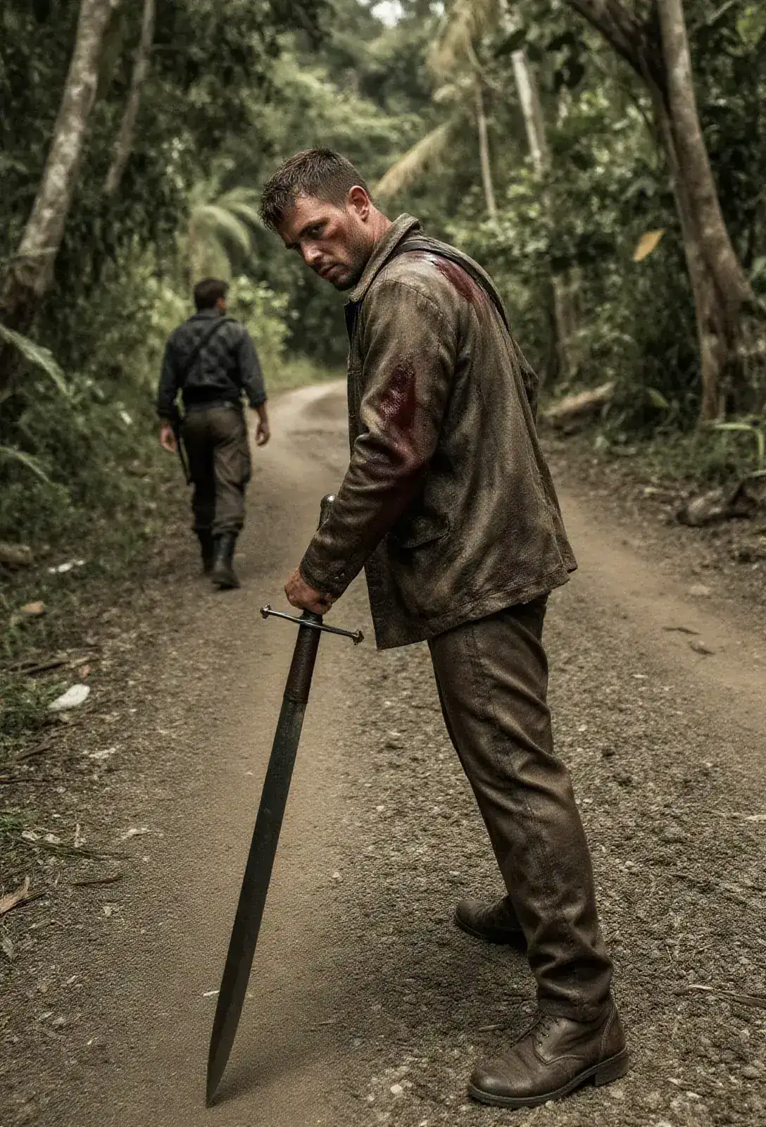 A bloodied man in a field jacket gripping a fifteenth-century halberd on a rutted jungle road, the blade catching the last light, a tactical figure with an empty hand backing toward the treeline.